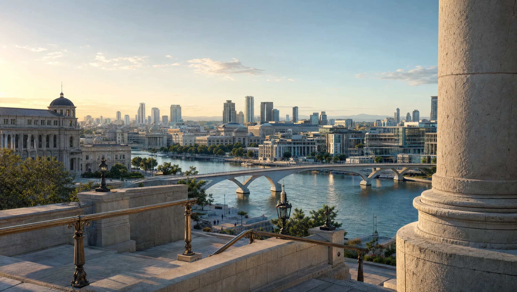 Imagined city connecting stone civic buildings, a modern bridge and new infrastructure