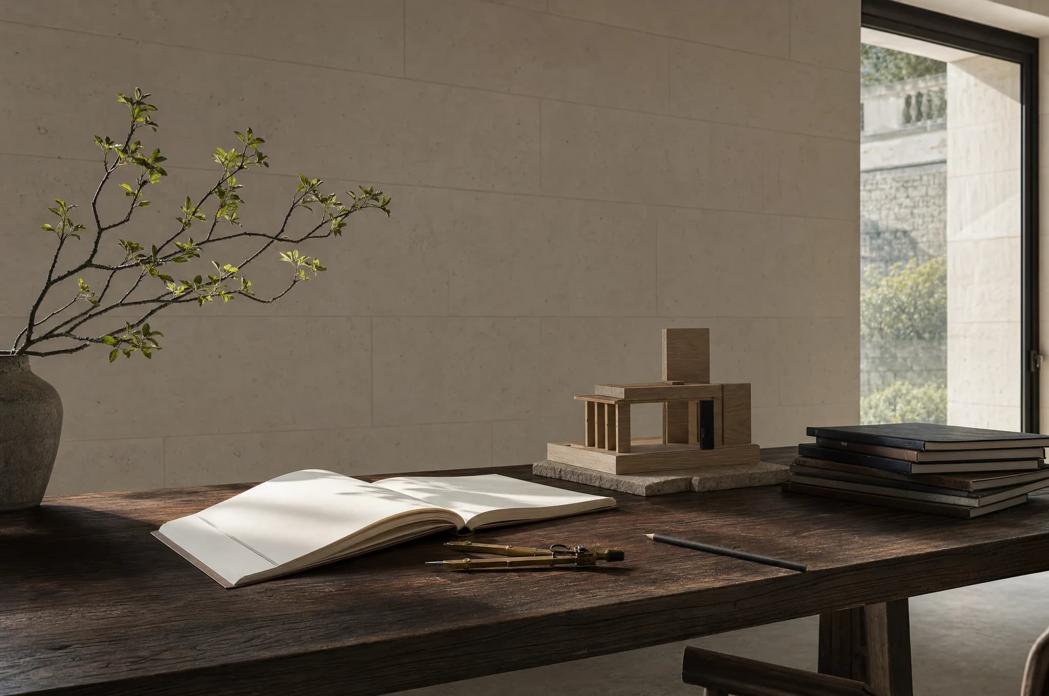 Conceptual still life of an open book, drawing tools and a timber architectural model in morning light
